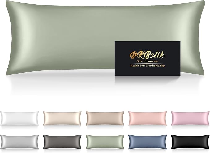 Silk Body Pillow Cases, Mulberry Silk Body Pillow Cover with Zipper, Smooth, Anti Acne, Cooling Sleep Both Sides Natural Silk Satin 20x54 Body Pillowcase, Gifts for Women Men, Sage Green