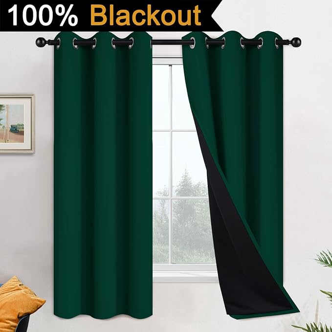 Yakamok Dark Green 100% Blackout Curtains 63 Inches Long 42" Wide 2 Panels | Blackout Curtain Panels for Bedroom, 2 Thick Layers Grommet Top Thermal Insulated Drapes with Black Liner for Living Room