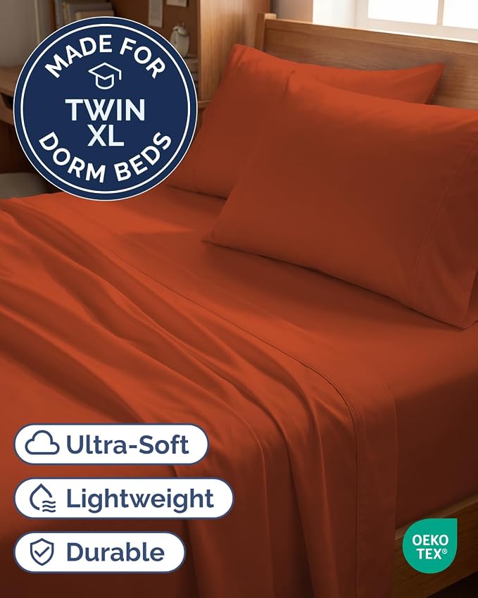Twin XL 4 Piece Sheet Set - College Dorm Room Essentials - Terracotta | Ultra Soft Dorm Bedding Set, 8" to 16" Inch Deep Pockets, 1 Flat & 1 Fitted Sheet & 2 Pillowcases, Wrinkle & Fade Free