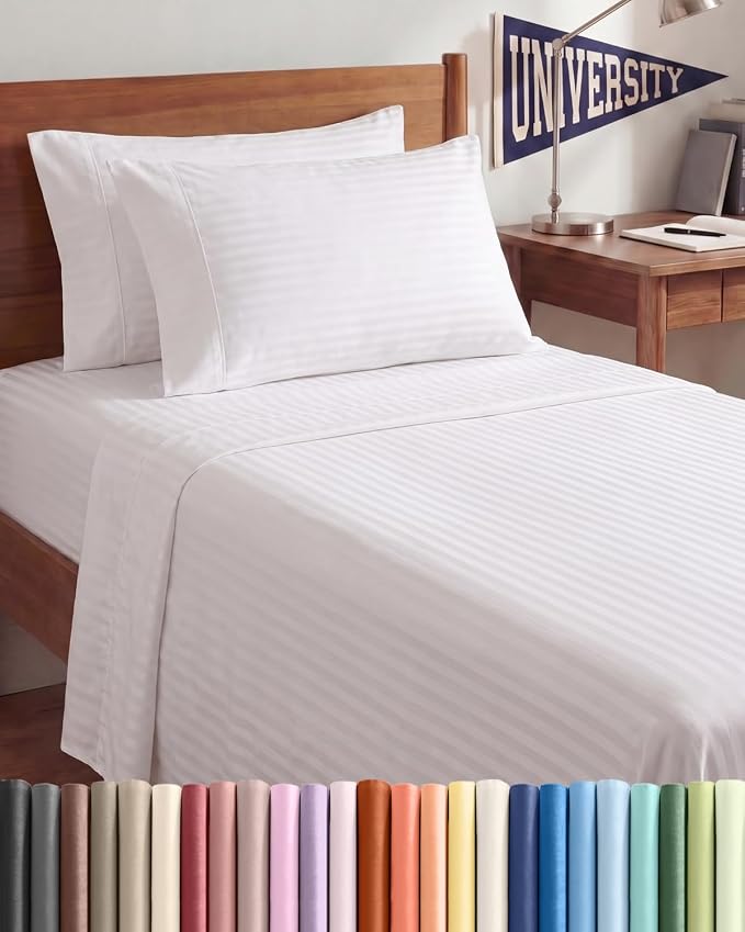 Twin 4 Piece Bed Sheet Set - Breathable & Cooling Sheets - Striped White | Ultra Soft Hotel Luxury Bedding Set with 8-16 Inch Deep Pockets, 1 Flat & 1 Fitted Sheet & 2 Pillowcases, Wrinkle & Fade Free