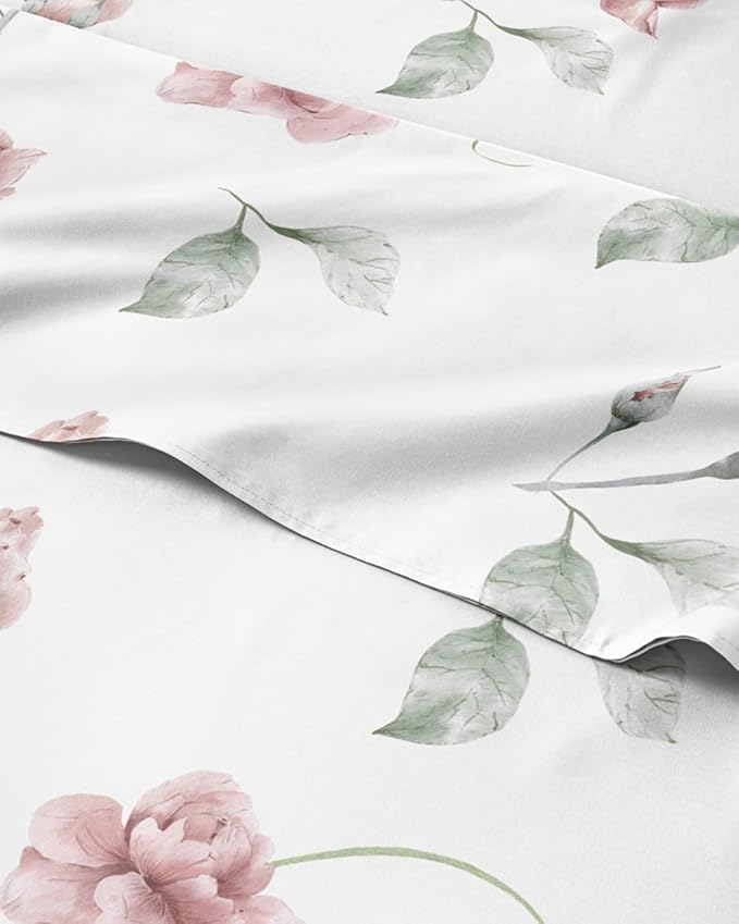 Cal King 4 Piece Floral Sheet Set - Soft, Breathable & Cooling - Rosebud | 1 Flat, 1 Fitted & 2 Pillowcases w/ Deep Pockets, Boho Botanical Floral Bedding, Breathable & Cooling, Wrinkle & Fade Free