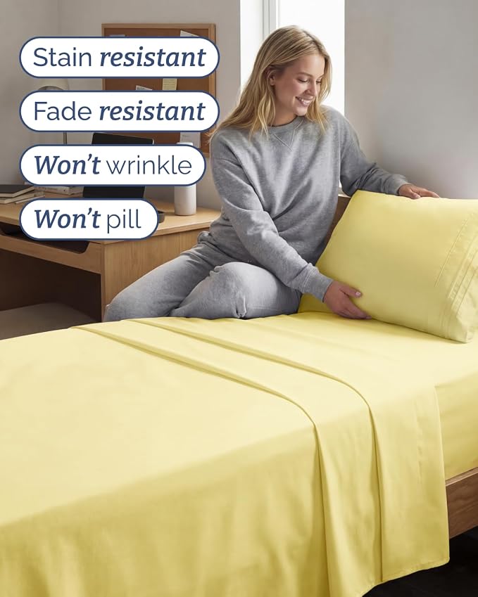 Twin XL 4 Piece Sheet Set - College Dorm Room Essentials - Yellow | Ultra Soft Dorm Bedding Set, 8" to 16" Inch Deep Pockets, 1 Flat & 1 Fitted Sheet & 2 Pillowcases, Wrinkle & Fade Free