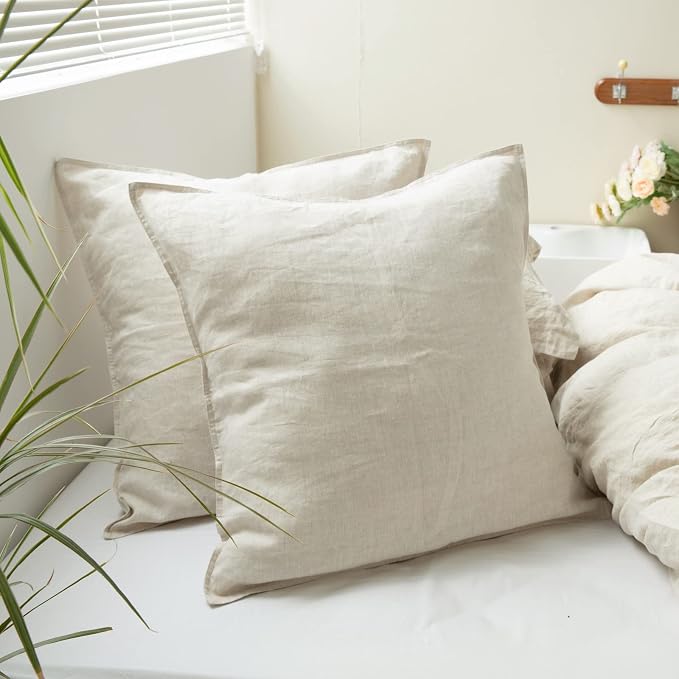 Simple&Opulence 100% Washed Linen Euro Shams 26'' x 26'' Pack of 2, Basic Style Solid Color Natural Flax Farmhouse Decorative Square Throw Pillow Covers for Bed Couch Sofa - Linen