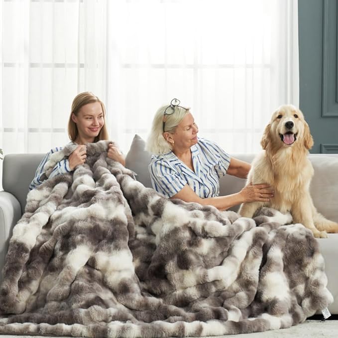 Cozy Bliss Faux Fur Throw Blanket for Bed King Size, Fuzzy Soft Plush Thick Bubble Blanket for Sofa Bedroom Living Room, 90 * 90 Inches Tie Dye Taupe