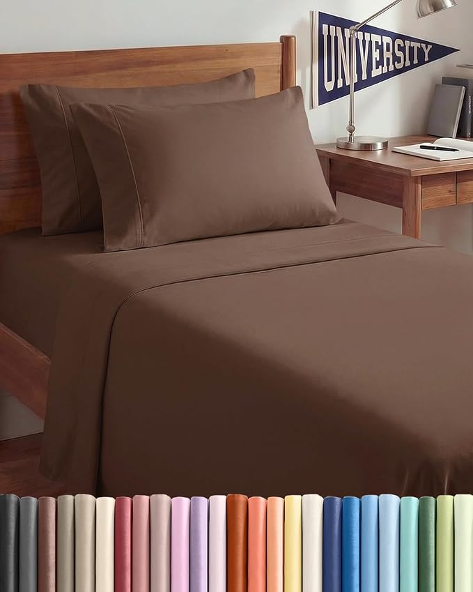 Twin XL 4 Piece Sheet Set - College Dorm Room Essentials - Chocolate Brown | Ultra Soft Dorm Bedding Set, 8" to 16" Inch Deep Pockets, 1 Flat & 1 Fitted Sheet & 2 Pillowcases, Wrinkle & Fade Free