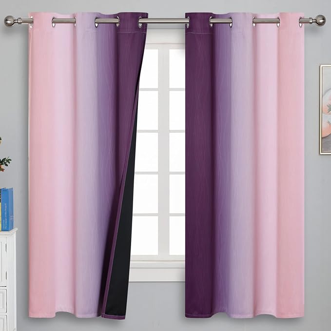 Pink and Purple Ombre Blackout Curtains for Girls Bedroom 63 Inches Long | Estelar Textiler Kids Living Room Curtains,Light Blocking,Thermal Insulated Noise Reducing Grommet Drapes,42Wx63L,2 Panels