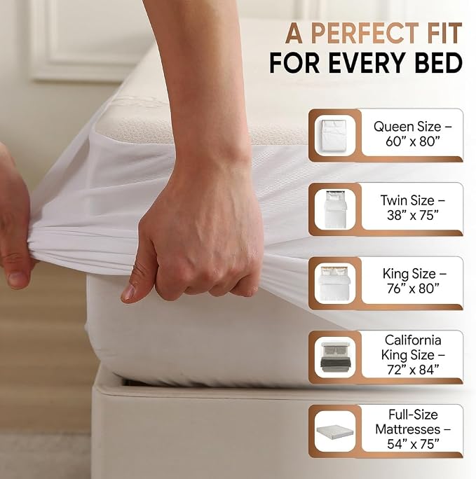 Waterproof Organic Mattress Protector Queen Size – Premium Soft Organic Cotton Surface Mattress Cover – Noiseless & Breathable 250 GSM Mattress Pad – Deep Pocket Fitted Design