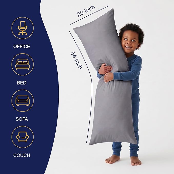 DOWNCOOL Large Body Pillow Insert- Breathable Full Body Pillow for Side Sleeper - Soft Long Bed Pillow for Adults - 20 x 54 inch (Grey)