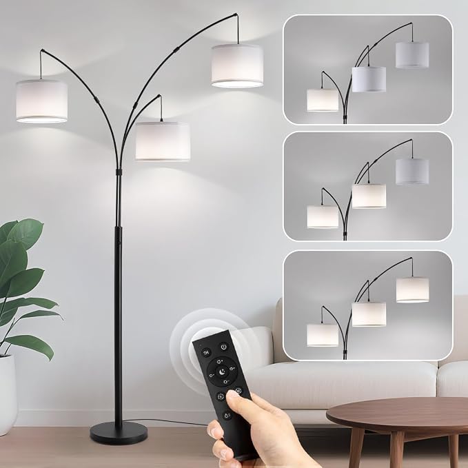 Floor lamp with Remote, 3 Light Arc Floor Lamps for Living Room, 2400LM Tall Standing Floor Lamps with White Shades, 80" Large Floor Lamp for Bedroom, Office