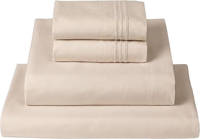 Mellanni Queen Sheets Set - 4 PC Iconic Collection Bedding | Hotel Luxury, Extra Soft, Cooling Bed Sheets - Wrinkle, Fade, Stain Resistant (Queen, Beige)