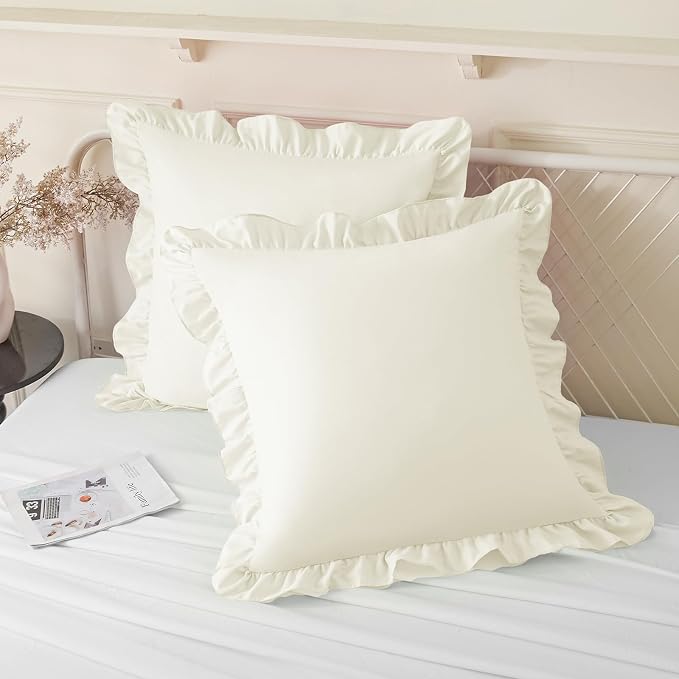 KKJIAF 2 Pack Ruffle Pillow Cases 18x18 Inches, Beige | Square Ruffled Pillow Covers, Microfiber Wrinkle Resistant Pillow Shams with Envelope Closure for Sofa Bed Living Room