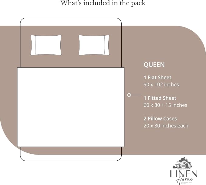 Linen Home 100% Cotton Percale Sheets Queen Size, Earthy Brown, Deep Pocket, 4 Pieces Set - 1 Flat, 1 Deep Pocket Fitted Sheet and 2 Pillowcases, Crisp Cool and Strong Bed Linen