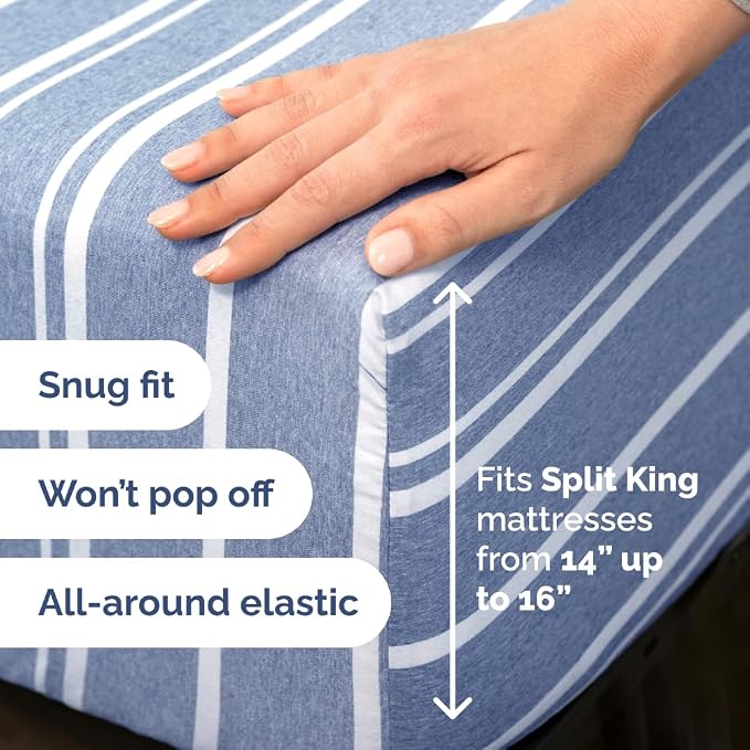 Flex Top Split Head King 4 Piece Sheet Set - Soft & Cooling - Blue Stripes | Cooling Bed Sheets Set, Hotel Luxury Bedding for Women & Men with Deep Pockets, Wrinkle Free & Fade Resistant, Oeko-Tex