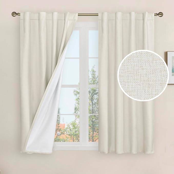 Natural 100% Blackout Linen Curtains 45 Inches for Bedroom, Ivory | Linen Textured, Thermal Kitchen Curtains, Farmhouse, Neutral Drapes, White Liner, Rod Pocket Back Tab, 2 Panels, 38 x 45 Inch
