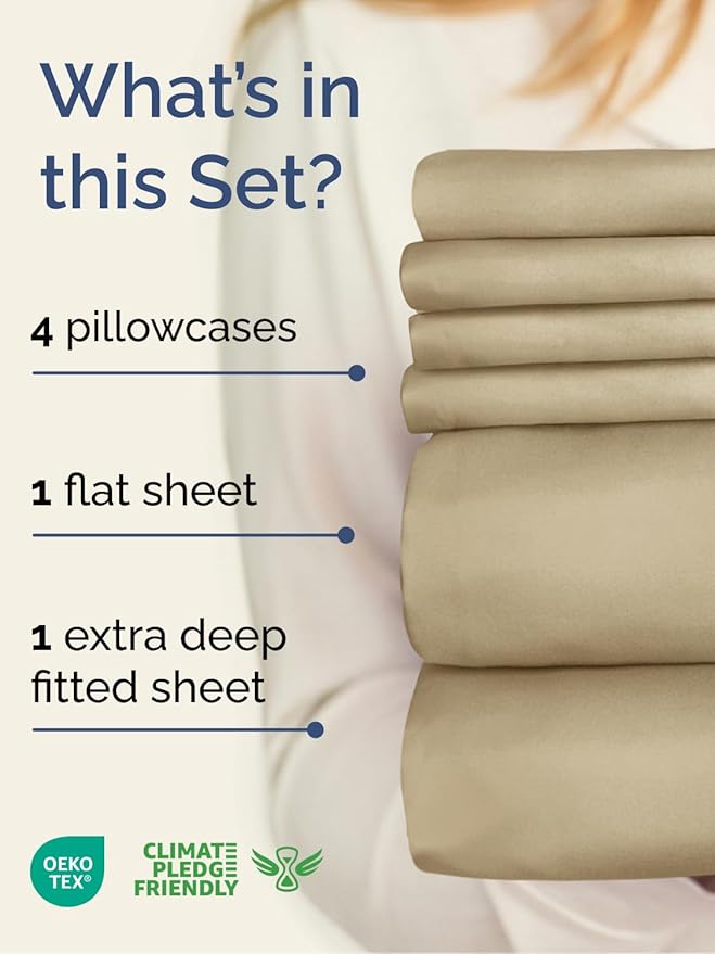 Extra Deep King Sheet Set - 6 Piece Breathable and Cooling Sheets - Beige | Hotel Luxury Bed Sheets Set, Easy & Secure Fit, Ultra-Soft, Wrinkle & Fade Free, Comfy Sheets Set with Extra Deep Pockets