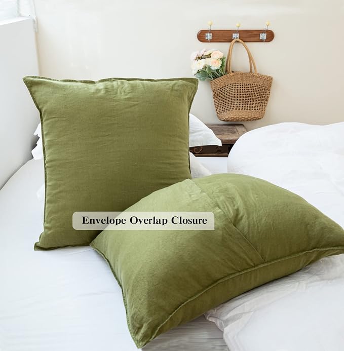 Simple&Opulence 100% Washed Linen Euro Shams 26'' x 26'' Pack of 2, Basic Style Solid Color Natural Flax Farmhouse Decorative Square Throw Pillow Covers for Bed Couch Sofa - Olive Green