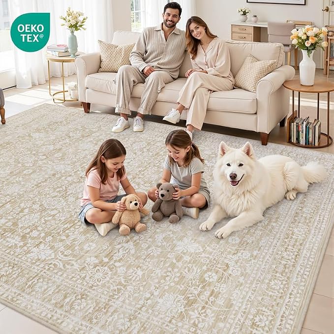 8x10 Area Rugs Living Room: Bedroom Washable Carpet Natural Beige | Large Vintage Boho Indoor Decor Carpets Soft Nursery Farmhouse Dining Room Office Floor Non-Slip Low Pile Under Table Rug