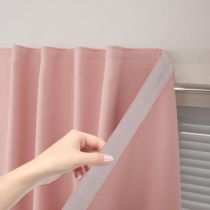 Thermal Blackout Curtains with Self-Adhesive Tape, No Rod No Drill Easy Install Window Cover for Bedroom Kitchen Dorm, 71" W x 59" L, Pink, 1 Panel