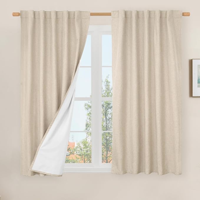 100% Blackout Short Linen Curtains 48 Inches Long, 2 Panels, Linen | Thermal Insulated, Kitchen, Curtains for Small Windows, Neutral Panels with White Liner, Rod Pocket Back Tab, 42 x 48 Inch