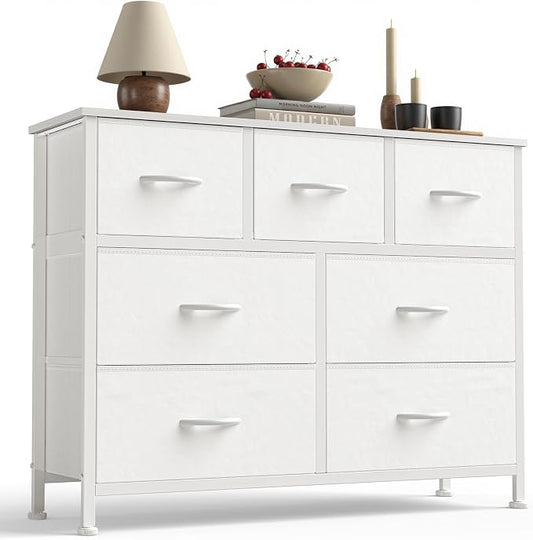 Sweetcrispy 7 Drawer Dresser for Bedroom Storage with Fabric Bins, White | Anti-Tip Closet Organizer, Wooden Top and Sturdy Steel Frame, Spacious Drawers for Clothes Storage, Hallway Entryway