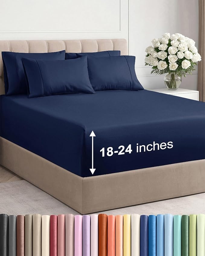 Extra Deep Queen Sheet Set - 6 Piece Breathable Cooling Sheets - Navy Blue | Hotel Luxury Bed Sheets Set, Easy & Secure Fit, Ultra-Soft, Wrinkle & Fade Free, Comfy Sheets Set with Extra Deep Pockets