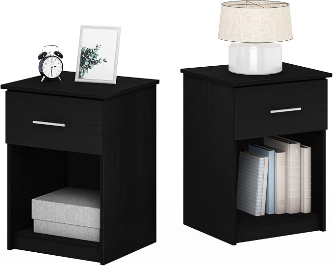 Furinno Tidur Nightstand, 2-Pack, Americano | Bar Handle, with Storage Shelf, Bedside Table, End Table, Side Table, for Bedroom, Closet, Dorm