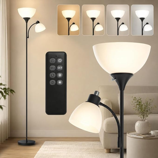 GERGO Led Floor Lamp, Super Bright 11W+7W 2100LM Torchiere Floor Lamps for Living Room, Stepless Adjustable 4 Color Temperatures 3000K-6000K with Remote Control for Bedroom (Matte Black) | 2 LED Bulbs Included, 2100LM Brightness, Stepless Dimming & 300...