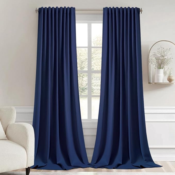 MIULEE Navy Blue Back Tab Blackout Curtains 52x102 Inch Long 2 Panels Set | Rod Pocket Pinch Pleated, Thermal Insulated, Bedroom Living Room Darkening Drapes, Light Blocking Floor to Ceiling Curtains