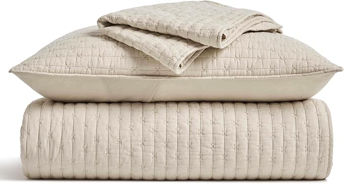 100% Cotton Cross Stitch 3-Piece Quilt Set, King, Flax Beige | 100% Cotton, Elegant Cross Stitch, Soft & Breathable, Prewashed Softness, Oversized Design, OEKO-TEX® Certified
