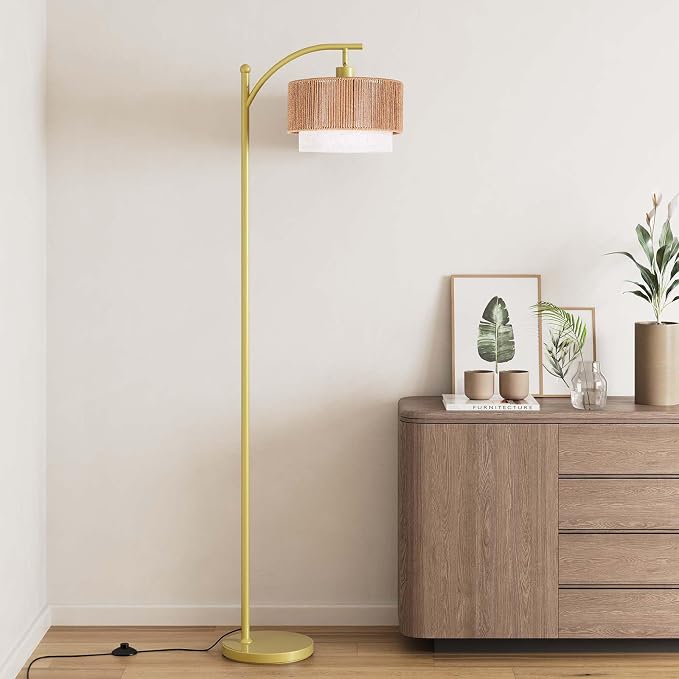 SUNMORY Arc Floor Lamps for Living Room, Rattan Standing lamp with 12W Bulb | Arched LED Lamp with 3 Color Temperatures, Farmhouse Floor Lamps with Adjustable Shades, Boho Floor Lamp for Bedroom, Corner