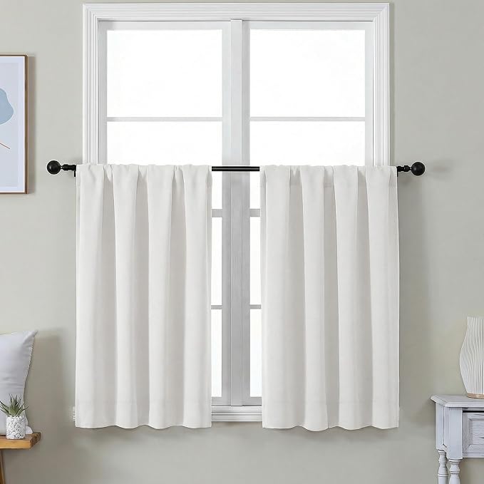 Simplebrand Ava Ivory Short 36 Inches Light Filtering Curtain 2 Panels Set, Half Window Rod Pocket Privacy Curtain Tiers for Kitchen, Curtains Light Filtering for Bathroom, W40 x L36 Inch, Ivory