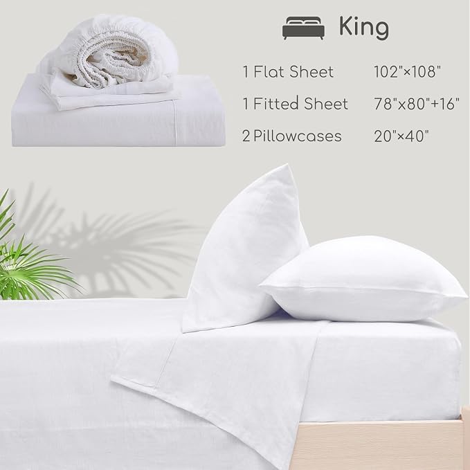 100% Linen Sheets Set King Size, Natural Pure Flax 4 Piece Bed Sets, 16" Deep Pocket, Breathable Cooling Bed Soft Durable Bedding, Machine Washable (White, King)
