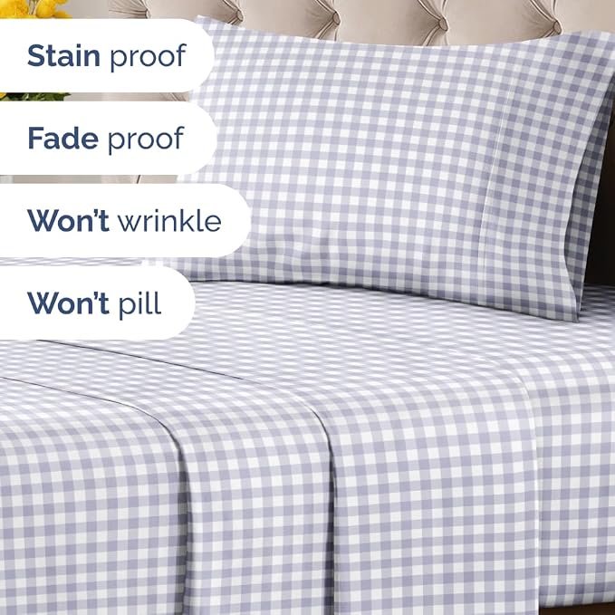 Twin XL 3 Piece Striped Sheet Set - Breathable & Cooling - Grey Gingham | 1 Flat, 1 Fitted & 1 Pillowcase w/ Deep Pockets, Luxury Striped Bedding, Soft, Breathable & Cooling, Wrinkle & Fade Free