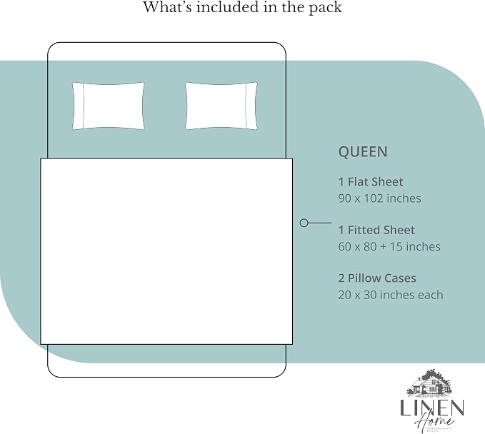 Linen Home 100% Cotton Percale Sheets Queen Size, Aqua Blue, Deep Pocket, 4 Pieces Set - 1 Flat, 1 Deep Pocket Fitted Sheet and 2 Pillowcases, Crisp Cool and Strong Bed Linen
