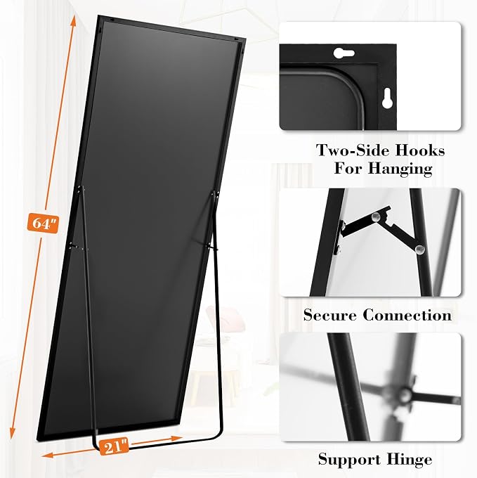 21"x64" Mirror Full Length, Upgraded Body Wall Mirrors | Shatter-Proof Glass, Floor Standing, Hanging or Leaning, Tall Mirror with Stand Aluminum Alloy Frame for Bedroom, Black