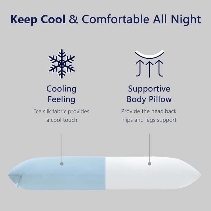 DOWNCOOL Large Body Pillow Insert with Cooling Cover - Soft Long Bed Pillow for Summer - Breathable Full Body Pillow for Adults - 20x54 inch (Blue, with Cover)