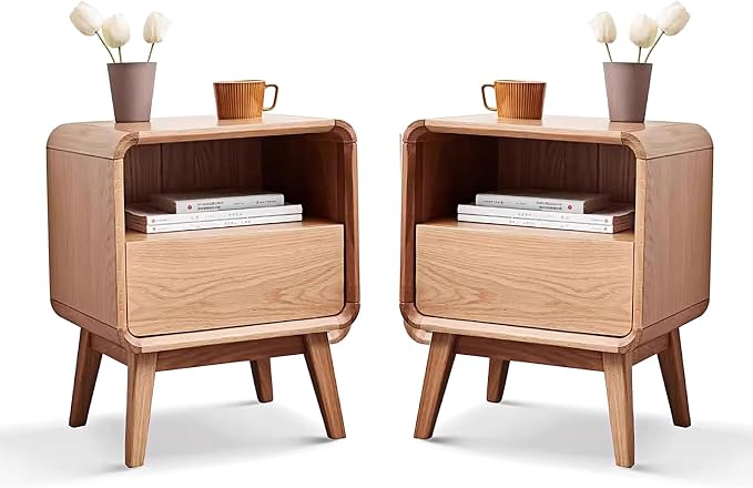 Solid Wood Nightstand Set of 2, Mid Century Modern Nightstands with Drawer, Small Nightstand with Open Storage, Small Bedside Table for Bedroom, Dormitory(Natural Wood Color)