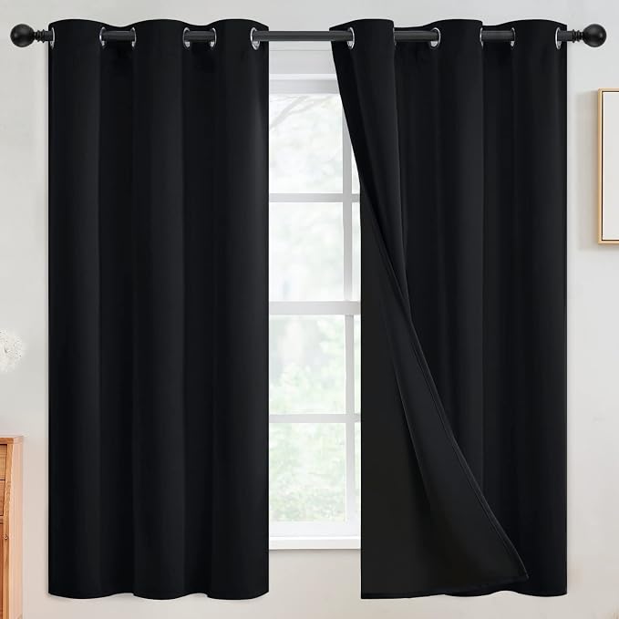 SimpleHome Black 100% Blackout Curtains Room Darkening Living Room 63 Inch | Curtains for Bedroom,Thermal Insulated Grommet Window Drapes,Curtains for Living Room with Black Back,42 x 63 Inch,2 Panels