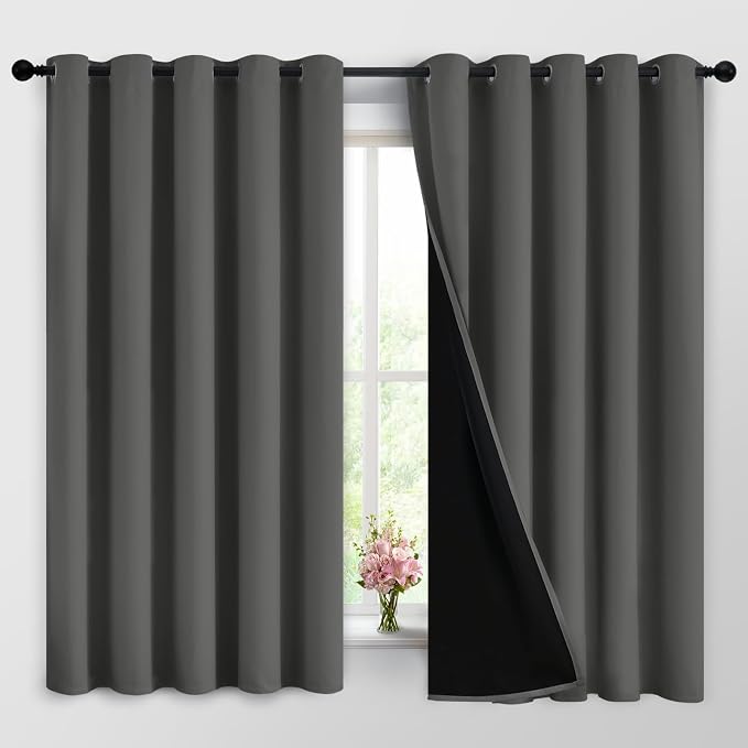 Yakamok Dark Grey 100% Blackout Curtains 63 Inches Long 62" Wide 2 Panels | Blackout Curtain Panels for Bedroom, 2 Thick Layers Grommet Top Thermal Insulated Drapes with Black Liner for Living Room