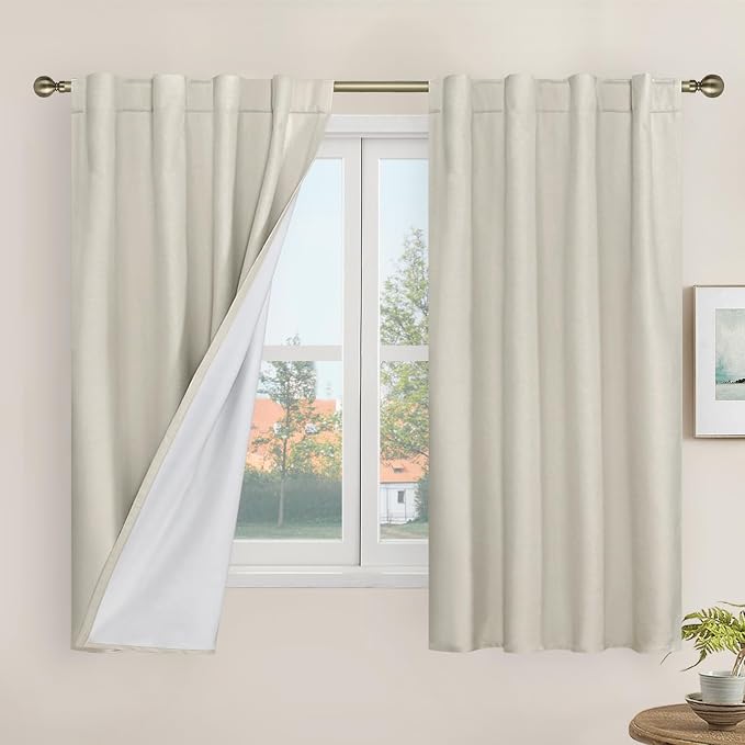 Short Linen Blackout Curtains 48 Inch Length 2 Panels, 34 x 48 Inch | Stone, Linen Textured, Thermal, Curtains for Bedroom, Kitchen, Bathroom, Rod Pocket Back Tab Panels, with White Liner