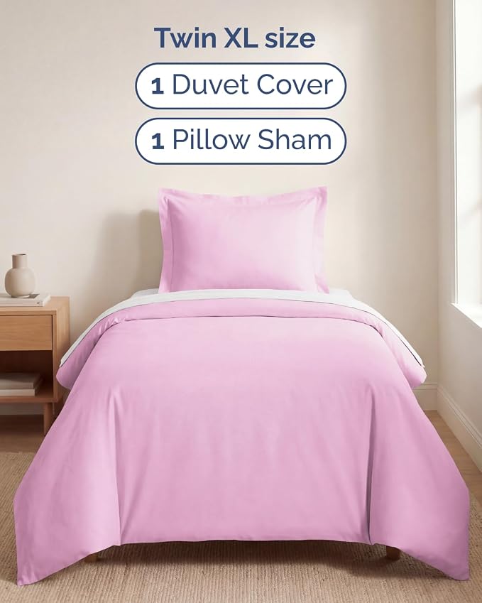 Duvet Cover Twin/Twin XL - 2 Piece with Zipper Closure - Light Pink | Extra Soft, Breathable, Twin/Twin XL Duvet Cover 68" x 90" w/ 1 Pillow Sham, Zipper Closures & Ties, Women, Men, Kids & Teens