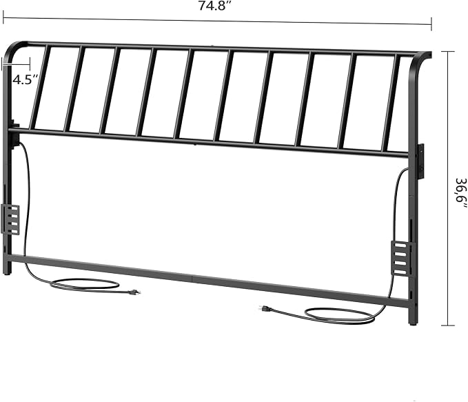 MAHANCRIS King Size Headboard Only, Metal Headboard with 2 Power Strips, 95 Degrees Reclining Backrest with Bed Frame Adapters, Easy Assembly, Black