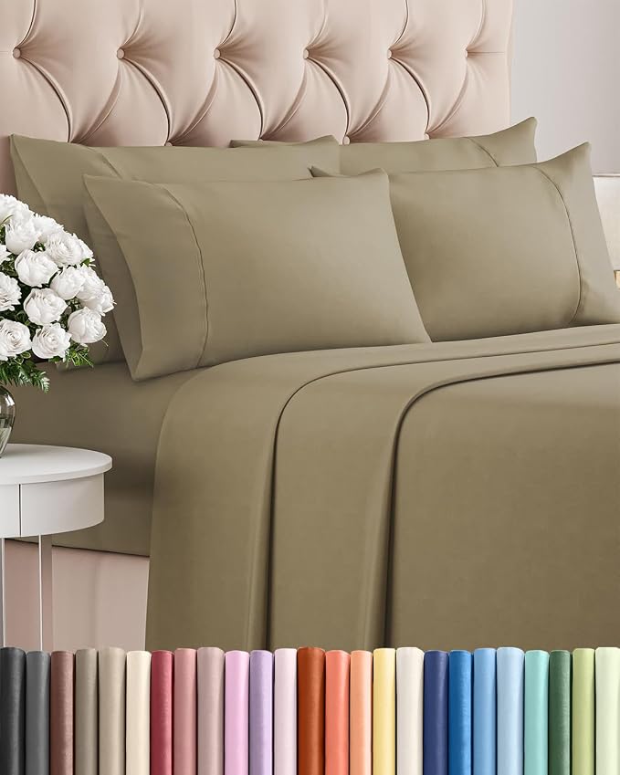 Cal King 6 Piece Bed Sheet Set - Comfy, Breathable & Cooling Sheets - Khaki | Ultra-Soft Hotel Luxury Bedding Set with 8-16 Inch Deep Pockets, 1 Flat & 1 Fitted Sheet & 4 Pillowcases, Wrinkle & Fade Free