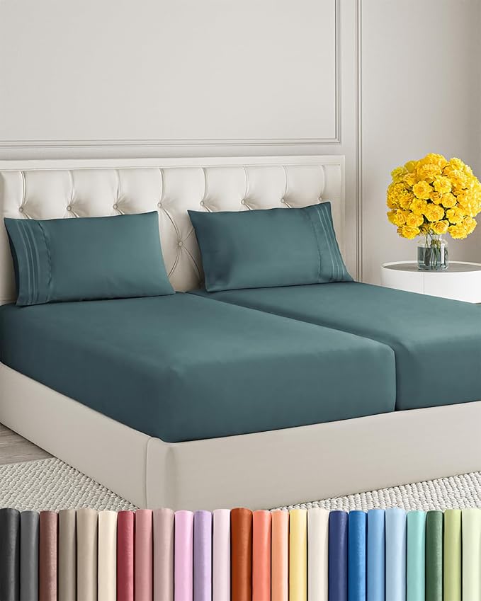 Split King Size 5 Piece Sheet Set - Ultra Soft & Cooling Sheets - Deep Teal | Fits 8 Inch to 16 inch Mattress, Wrinkle Free & Fade Resistant with Deep Pockets, Breathable, Comfy Hotel Luxury Bedding