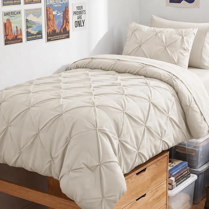 HIMEET Twin XL Comforter Set Beige - 5 Pieces Pintuck Bed in a Bag | OEKO-TEX Certified, 240GSM Down Alternative Comforter, 14" Deep Pocket Fitted Sheet + Flat Sheet + 1 Pillowcase + 1 Sham