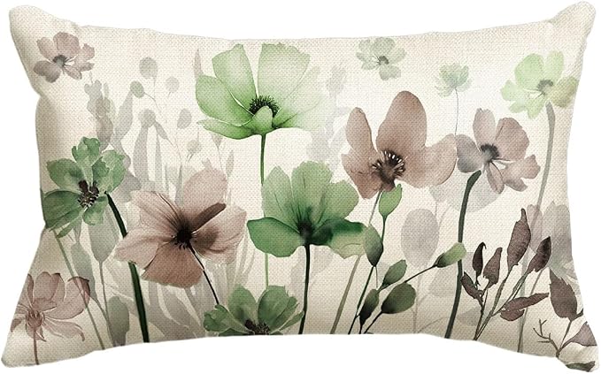 AVOIN colorlife Poppy Flowers Fall Spring Throw Pillow Cover 12x20 Inch | Chinoiserie Sage Green Brown Seasonal Leaves Cushion Case Decoration for Sofa Couch Farmhouse