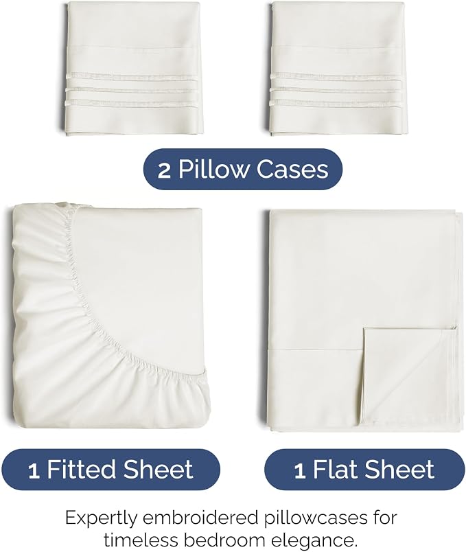 King Size 4 Piece Sheet Set - Ultra Soft & Cooling Sheets - Antique White | Fits 8 Inch to 16 inch Mattress, Wrinkle Free & Fade Resistant with Deep Pockets, Breathable, Comfy Hotel Luxury Bedding