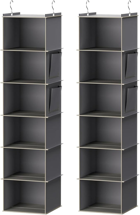 YOUDENOVA Hanging Closet Organizer, 6-Shelf Closet Hanging Storage Shelves, 2 Packs, Grey | Breathable Fabric, 2 Side Pockets, Clothes Organizer, Hanging Shelves, Closet Storage, College Dorm Room Essentials for Guys