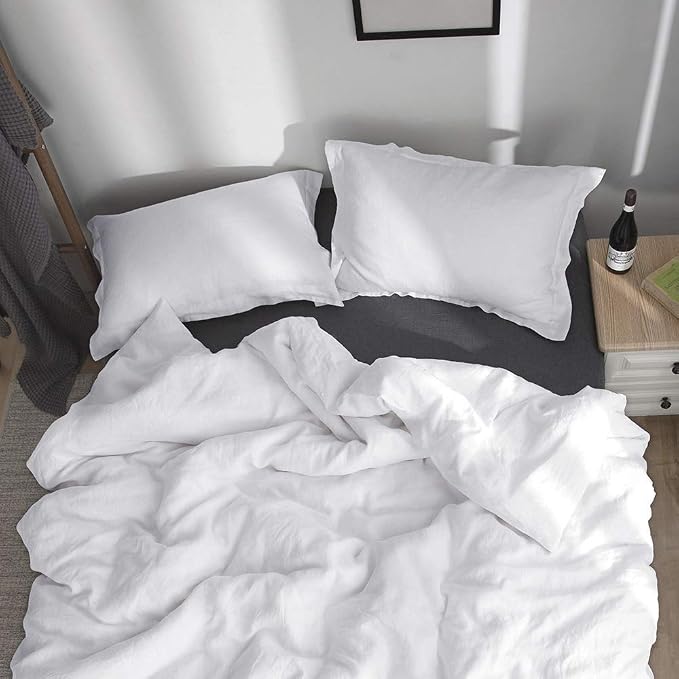 Simple&Opulence 100% Linen Duvet Cover Set 2pcs Basic Style Natural French Washed Flax Solid Color Soft Breathable Farmhouse Bedding with Button Closure - White, Twin