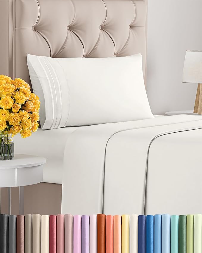 Twin XL Size 3 Piece Sheet Set - Soft & Cooling Bed Sheets - Antique White | Fits 8 Inch to 16 inch Mattress, Wrinkle Free & Fade Resistant with Deep Pockets, Breathable, Comfy Hotel Luxury Bedding